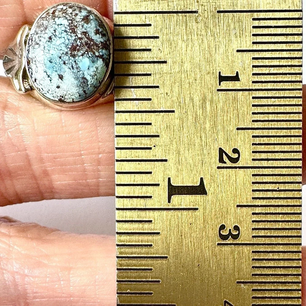 Navajo Mens Turquoise Band Blue Golden Hills Sz 10 Ring 14mm Signed AT Native‎